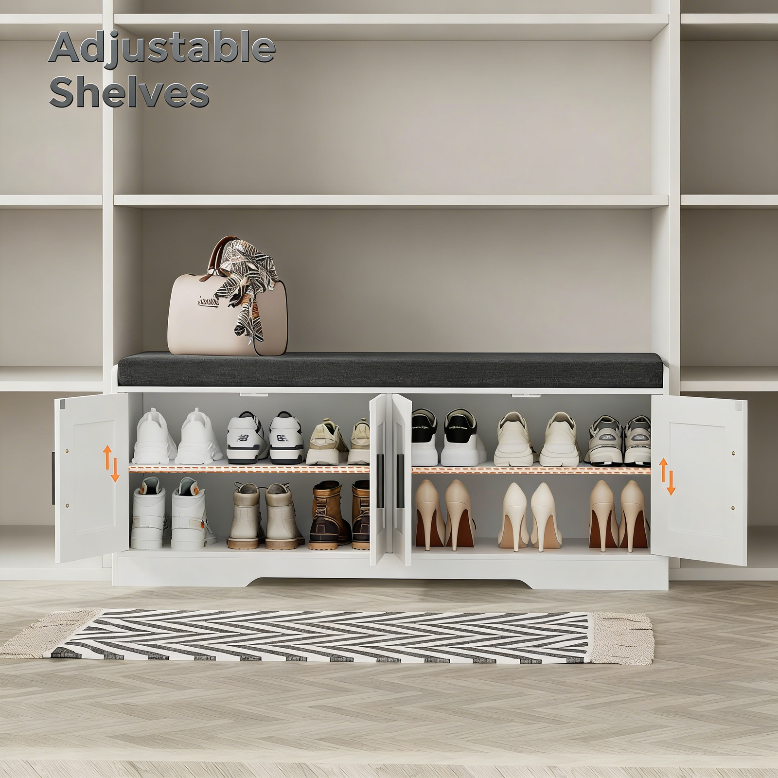 图片颜色修改 (1) Homleke 2-Tier Storage Bench, Shoe Bench with Thickened Padded Seat Cushion, Entryway Bench with 4 Doors, Adjustable Shelf - Image 1